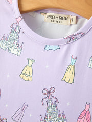 Girls Lavender Castle and Dress Print Long Sleeve Twirl Dress