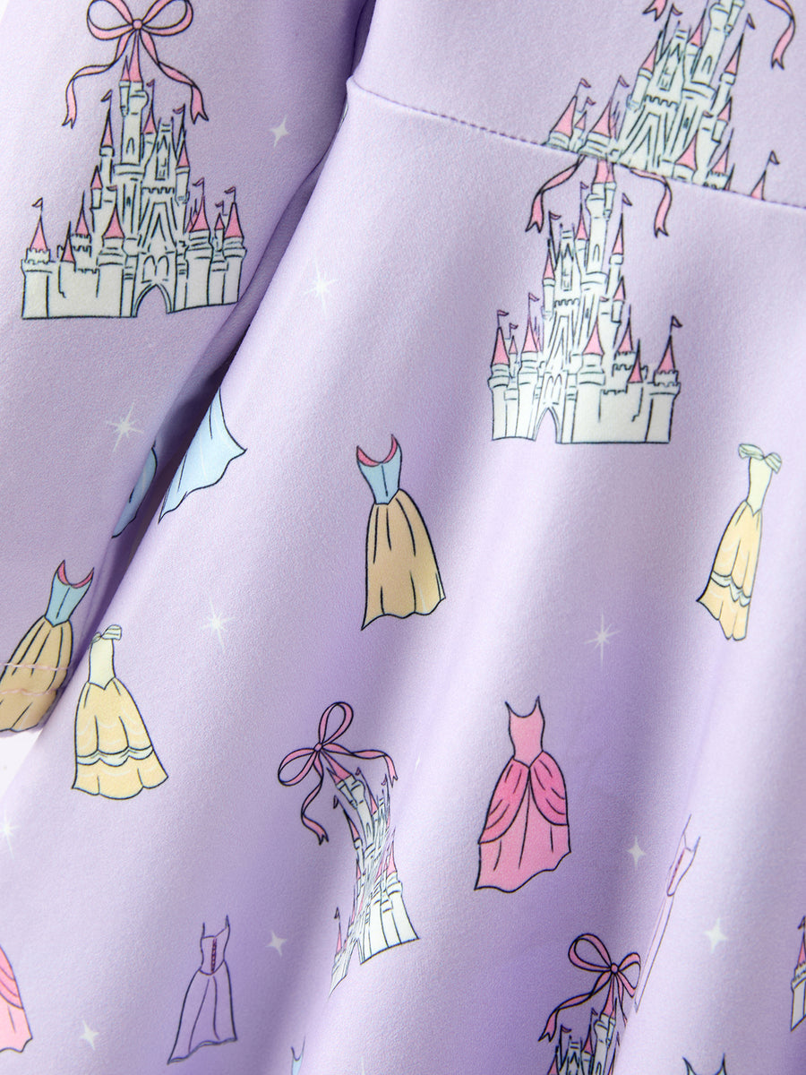Girls Lavender Castle and Dress Print Long Sleeve Twirl Dress