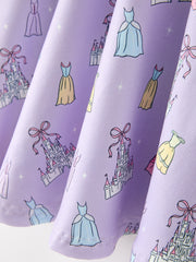 Girls Lavender Castle and Dress Print Long Sleeve Twirl Dress