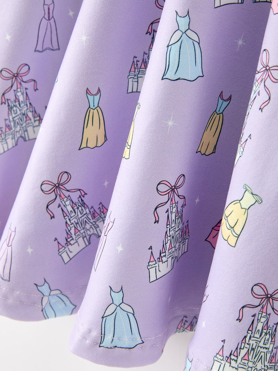 Girls Lavender Castle and Dress Print Long Sleeve Twirl Dress