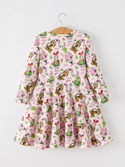 Christmas Girls Pink Gift And Holly Long Sleeve Twirl Dress