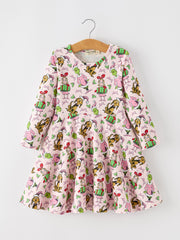 Christmas Girls Pink Gift And Holly Long Sleeve Twirl Dress