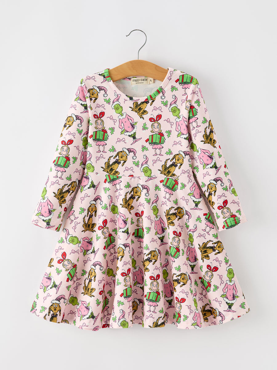 Christmas Girls Pink Gift And Holly Long Sleeve Twirl Dress