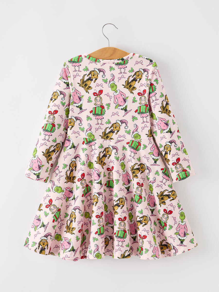 Christmas Girls Pink Gift And Holly Long Sleeve Twirl Dress