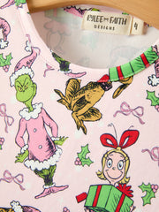 Christmas Girls Pink Gift And Holly Long Sleeve Twirl Dress