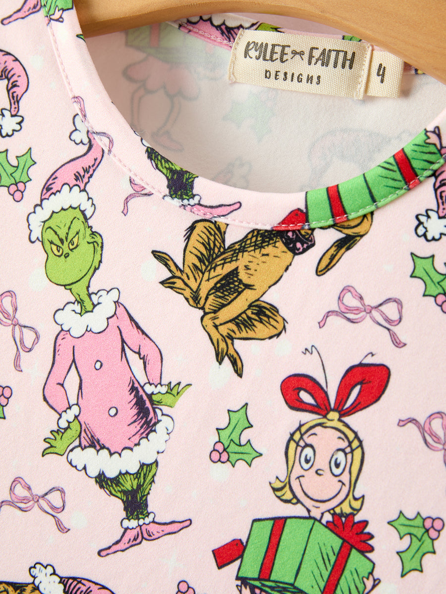 Christmas Girls Pink Gift And Holly Long Sleeve Twirl Dress