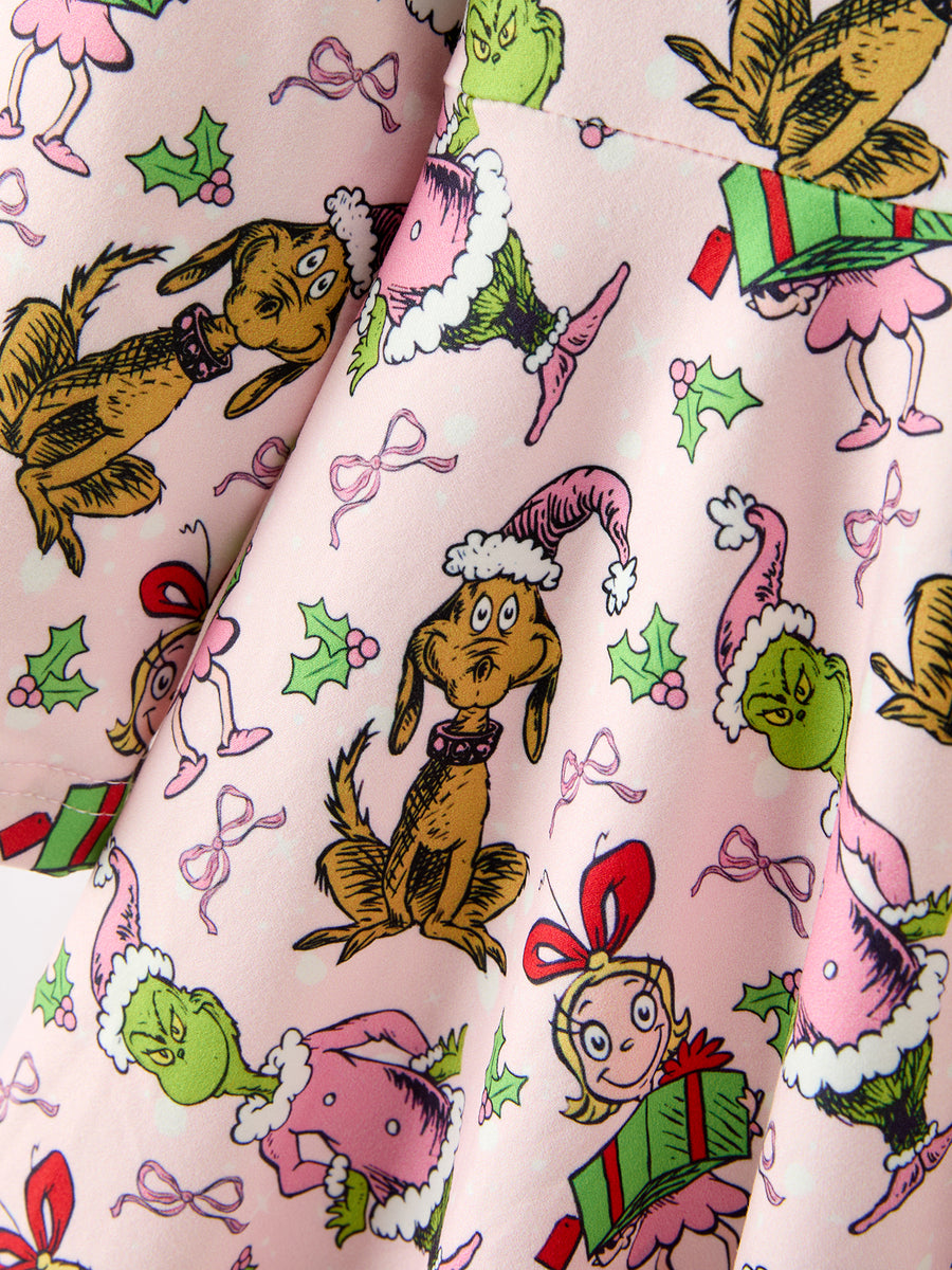 Christmas Girls Pink Gift And Holly Long Sleeve Twirl Dress