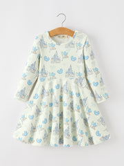 Castle Balloon Print Girls Long Sleeve Twirl Dress