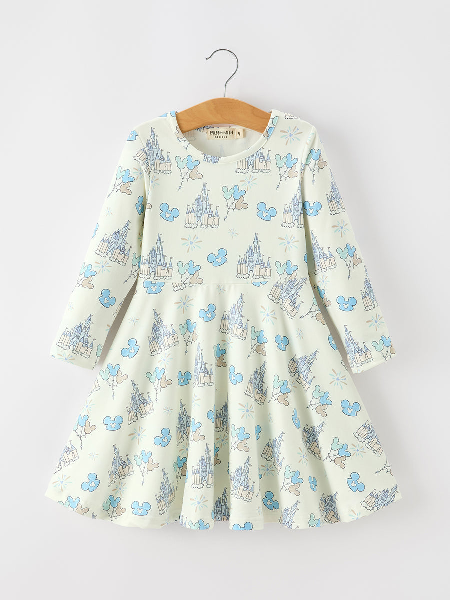 Castle Balloon Print Girls Long Sleeve Twirl Dress