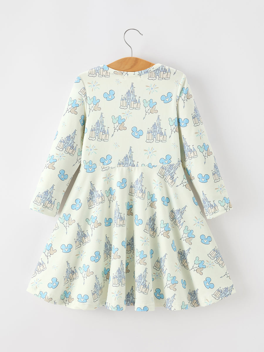 Castle Balloon Print Girls Long Sleeve Twirl Dress