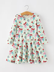 Christmas Girls Mint Party Treat Print Long Sleeve Twirl Dress