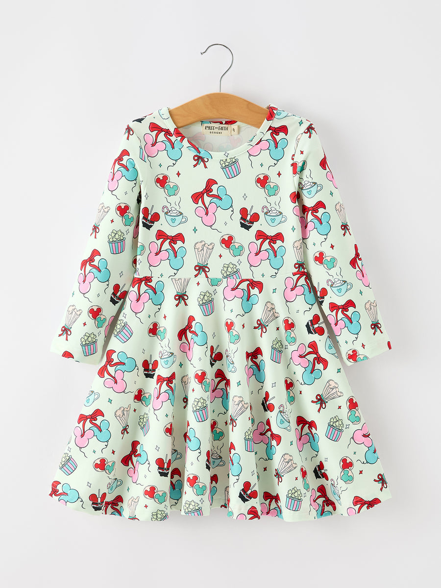 Christmas Girls Mint Party Treat Print Long Sleeve Twirl Dress