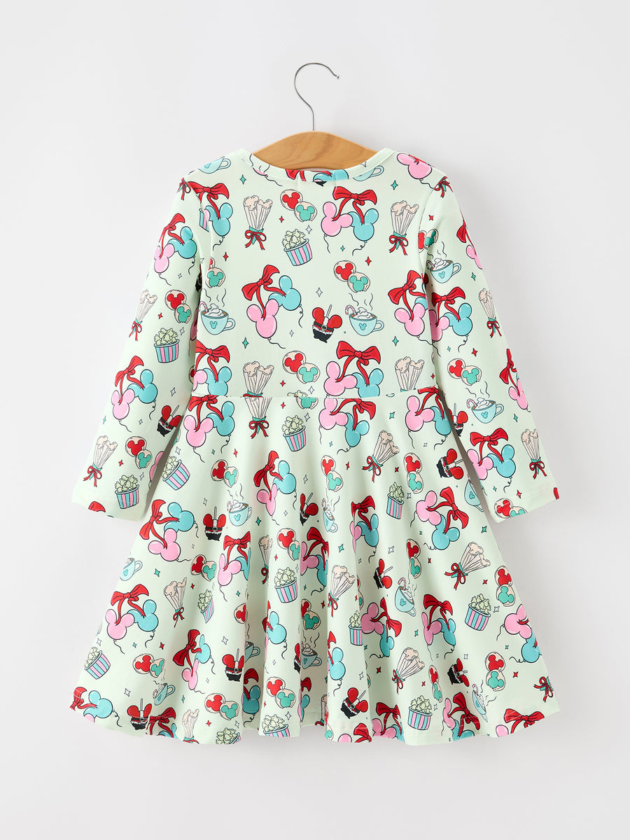 Christmas Girls Mint Party Treat Print Long Sleeve Twirl Dress