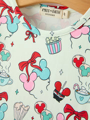 Christmas Girls Mint Party Treat Print Long Sleeve Twirl Dress