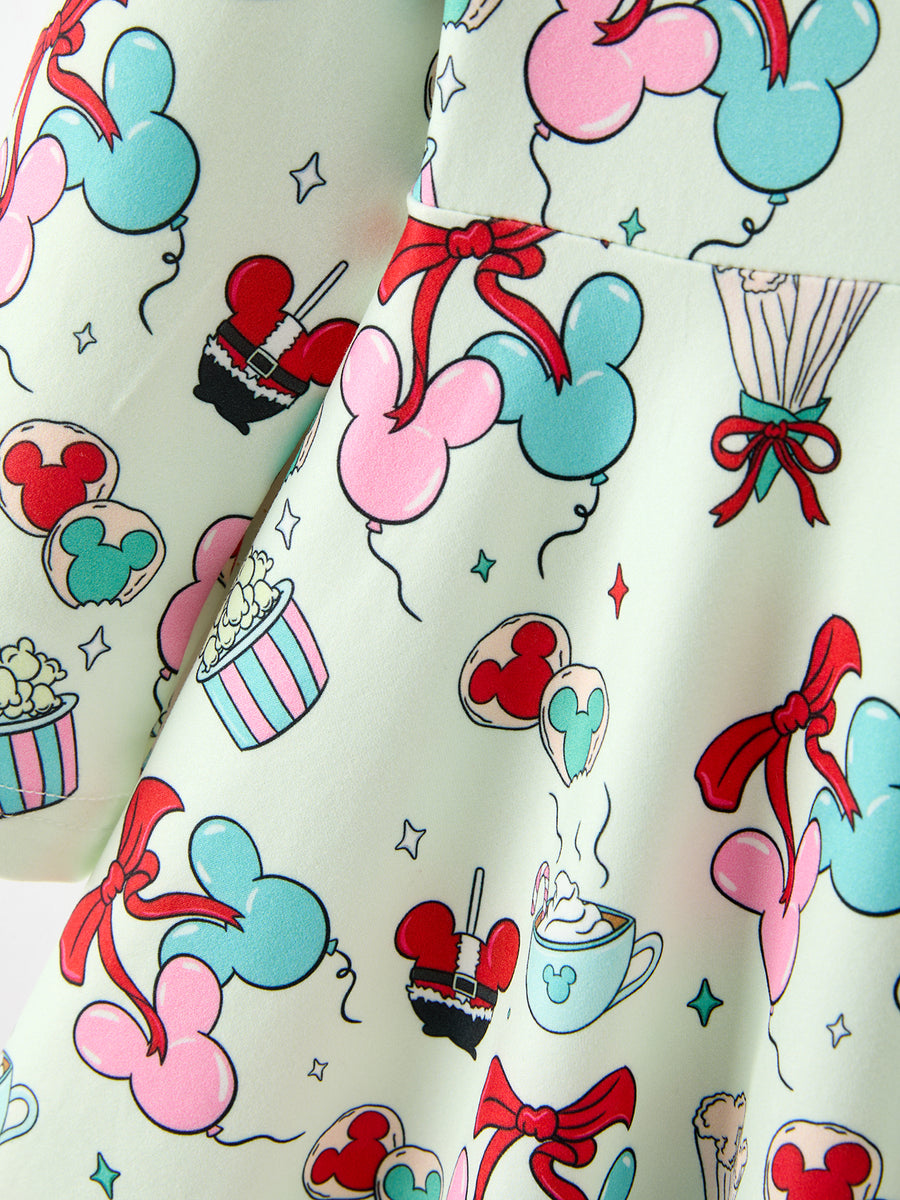Christmas Girls Mint Party Treat Print Long Sleeve Twirl Dress