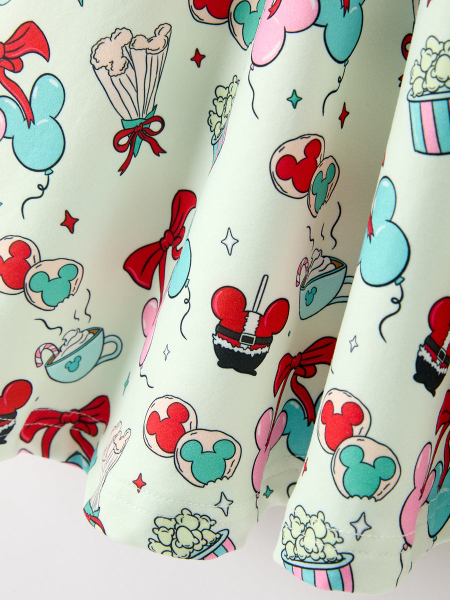 Christmas Girls Mint Party Treat Print Long Sleeve Twirl Dress