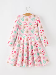 Girls Christmas Gingerbread Candy Cane Long Sleeve Twirl Dress