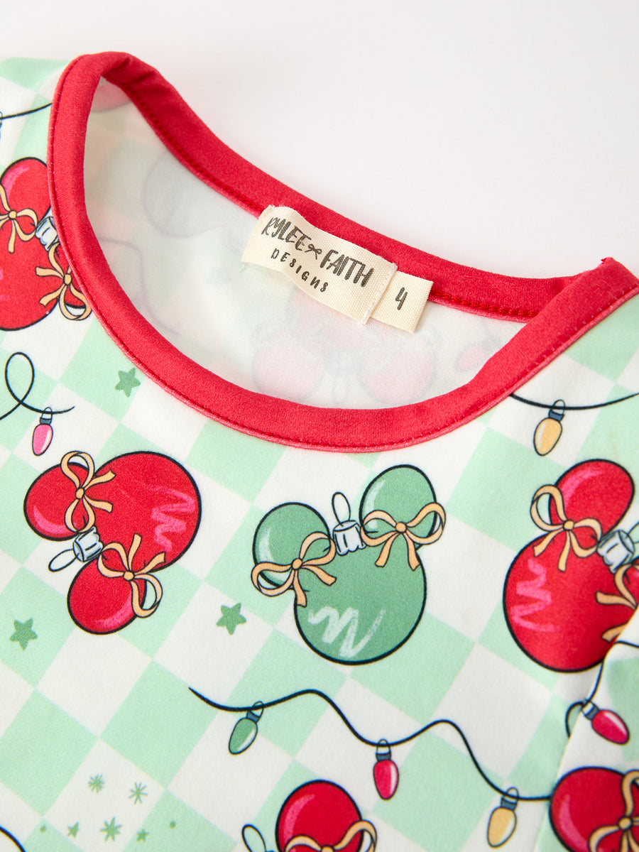 Christmas Ornament Plaid Girls Long Sleeve Pajama Set