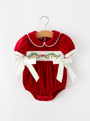 Christmas Velvet Baby Romper Smocked Embroidery Bow