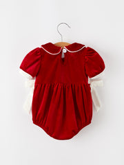 Christmas Velvet Baby Romper Smocked Embroidery Bow