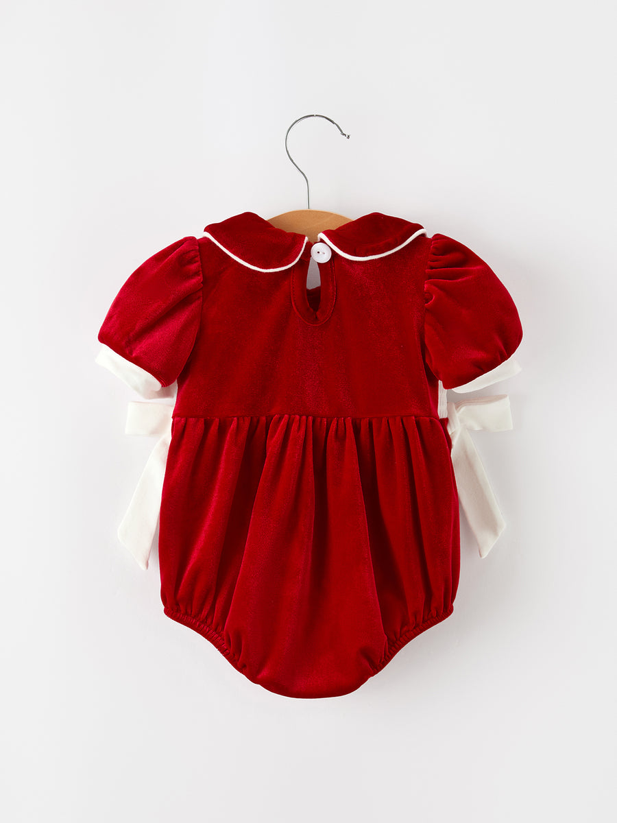 Christmas Velvet Baby Romper Smocked Embroidery Bow