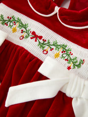 Christmas Velvet Baby Romper Smocked Embroidery Bow