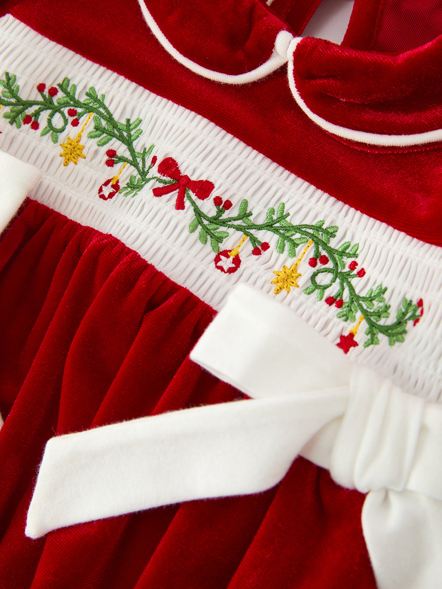 Christmas Velvet Baby Romper Smocked Embroidery Bow