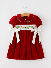 Christmas Smocked Velvet Girls Dress Bow Embroidery Puff Sleeve