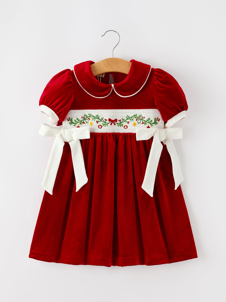 Christmas Smocked Velvet Girls Dress Bow Embroidery Puff Sleeve