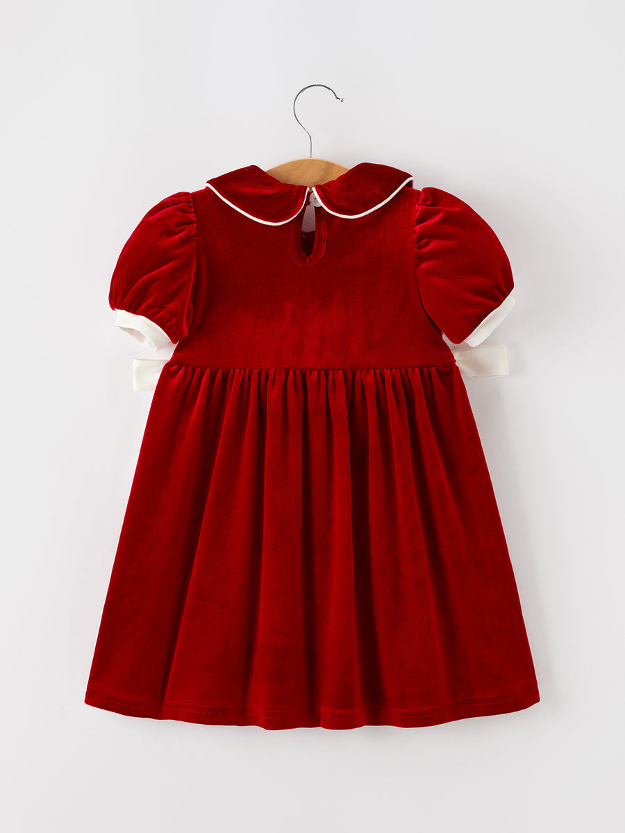 Christmas Smocked Velvet Girls Dress Bow Embroidery Puff Sleeve