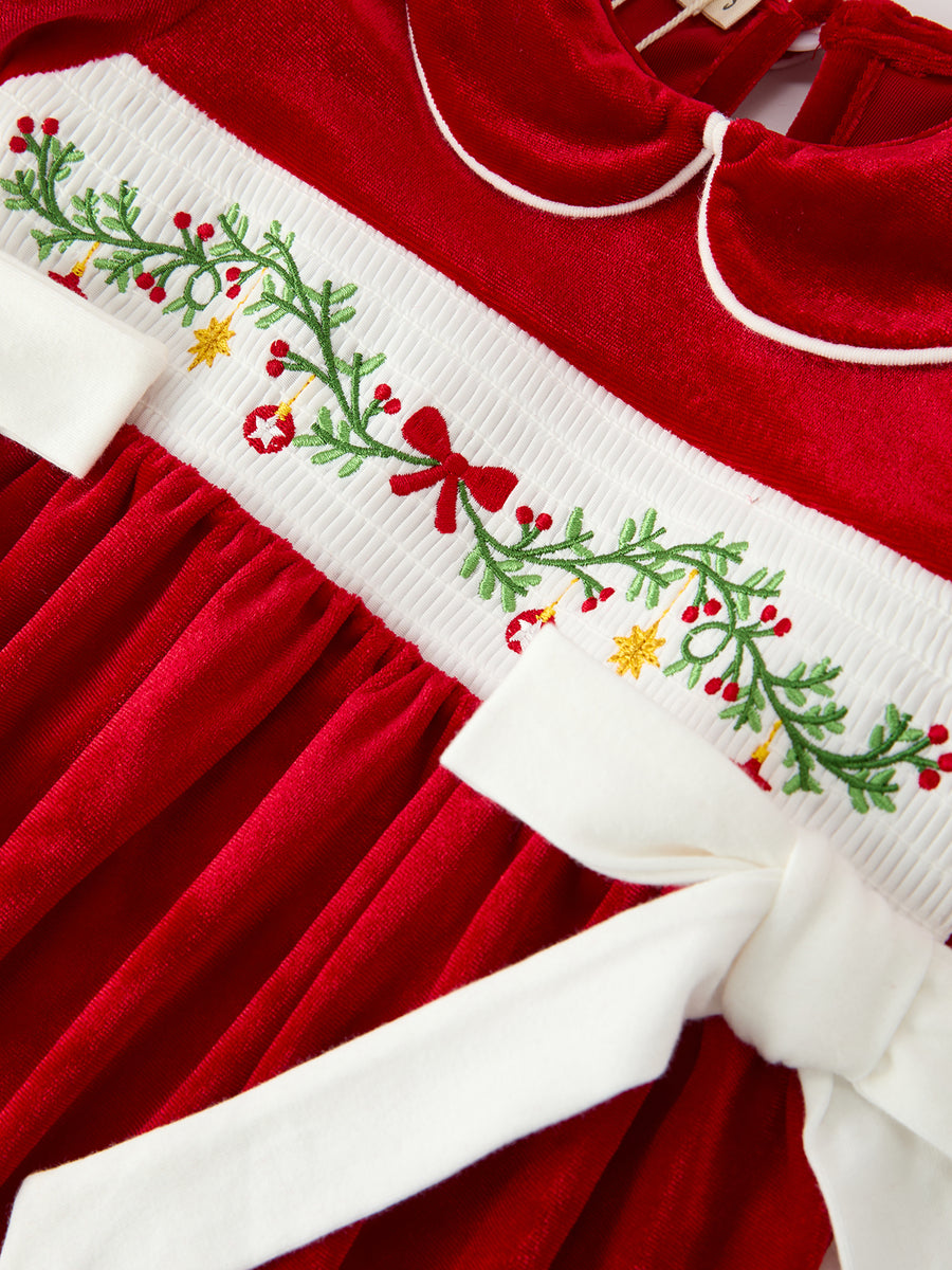Christmas Smocked Velvet Girls Dress Bow Embroidery Puff Sleeve
