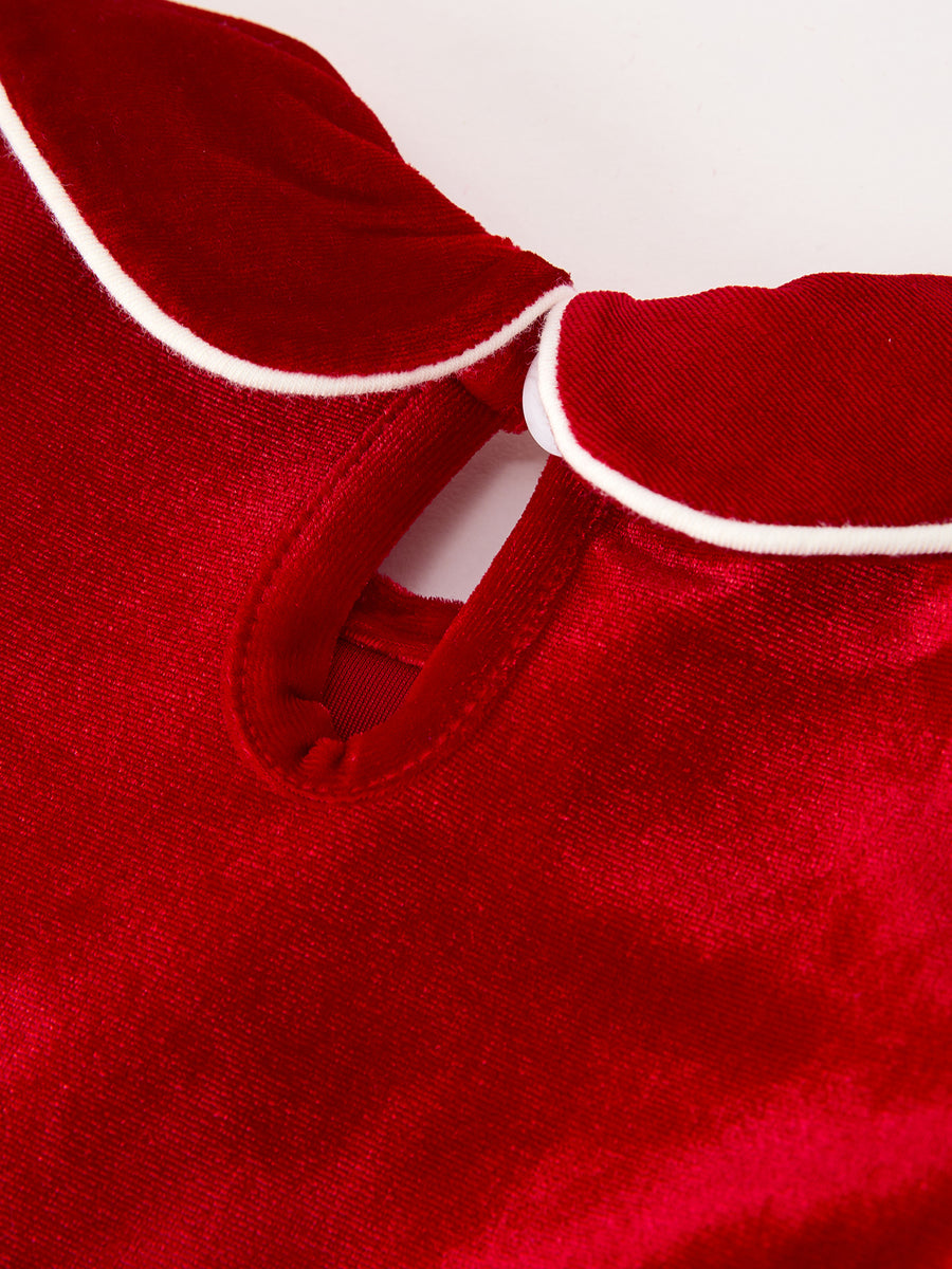 Christmas Smocked Velvet Girls Dress Bow Embroidery Puff Sleeve