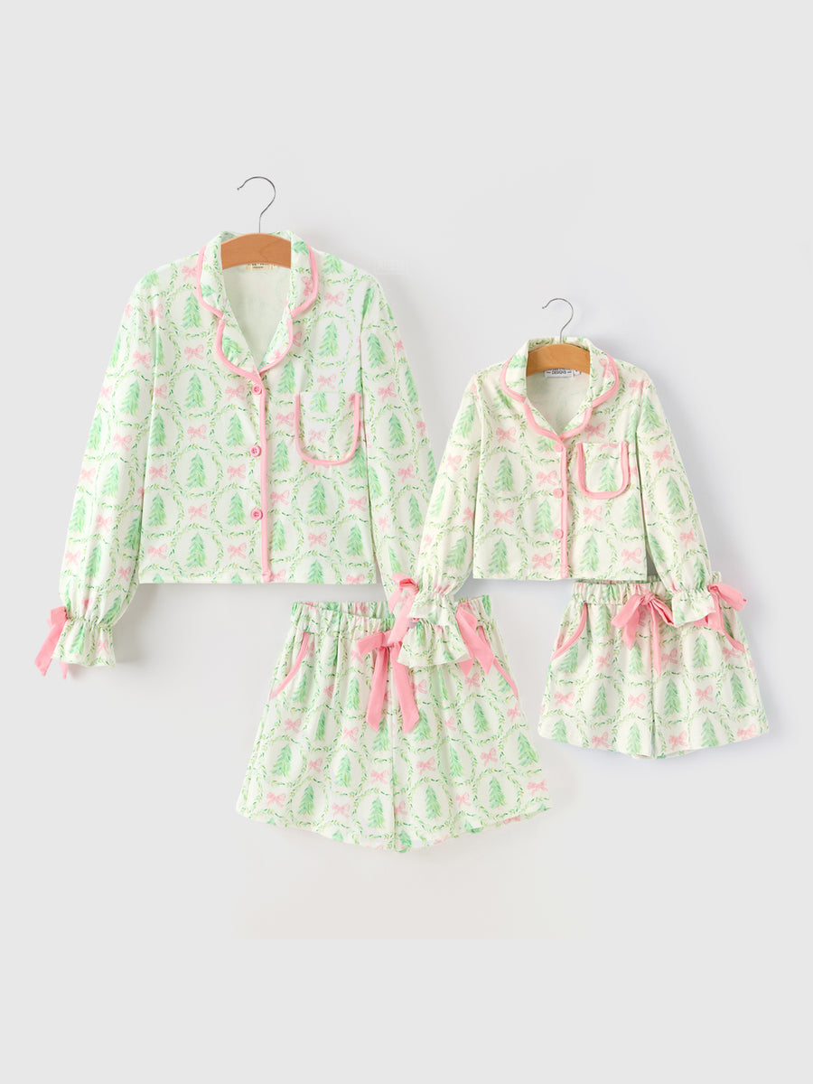 Mommy & Me Christmas Tree & Bow Print Girls Pajama Set