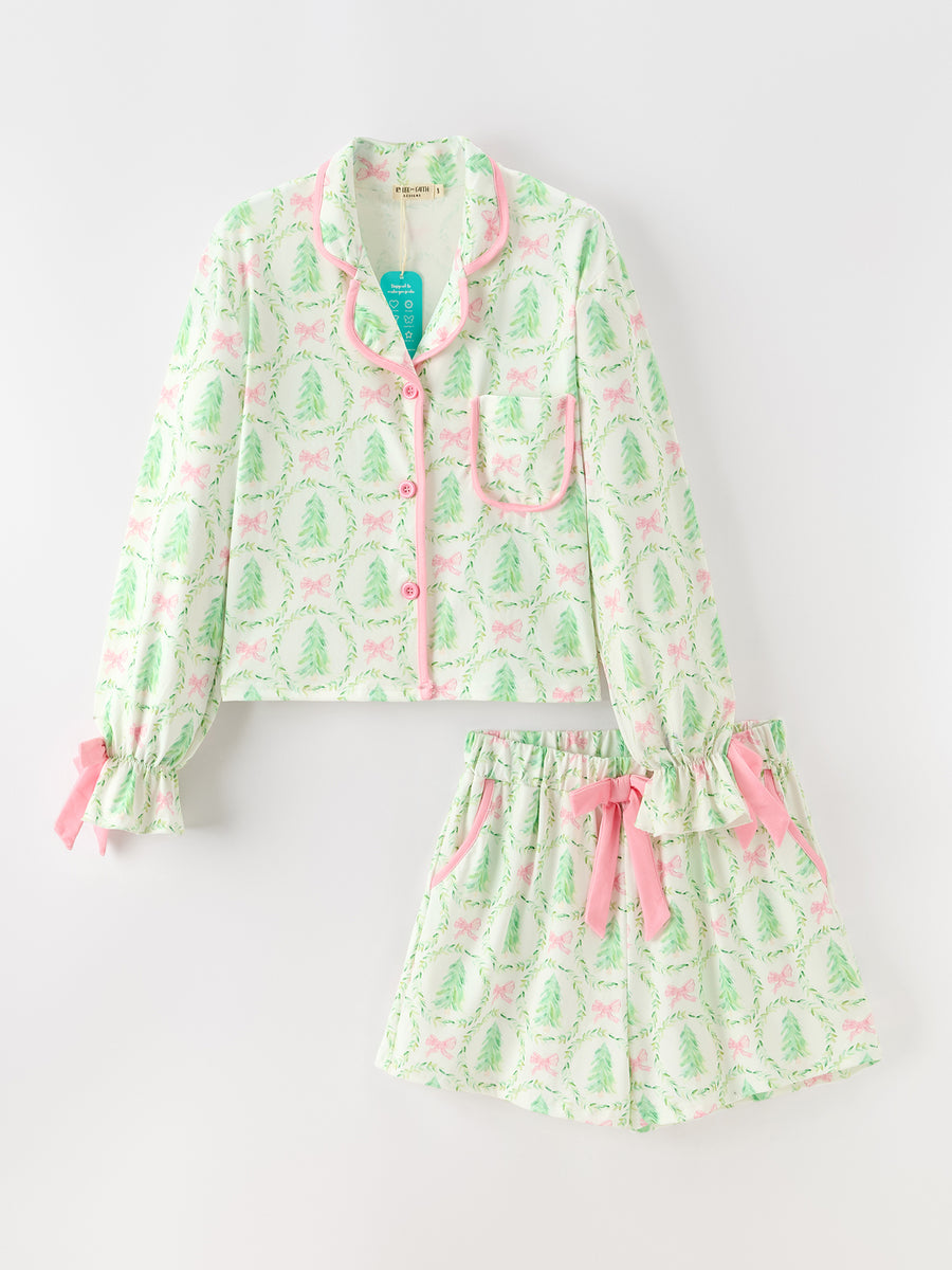 Mommy & Me Christmas Tree & Bow Print Girls Pajama Set