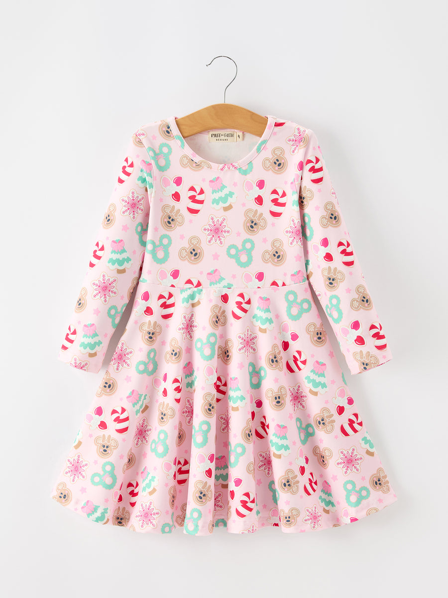 Girls Christmas Gingerbread Candy Cane Long Sleeve Twirl Dress