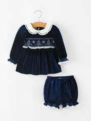 Girls Christmas Navy Velvet Smocked Top And Bloomers Outfit