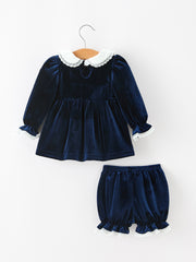 Girls Christmas Navy Velvet Smocked Top And Bloomers Outfit