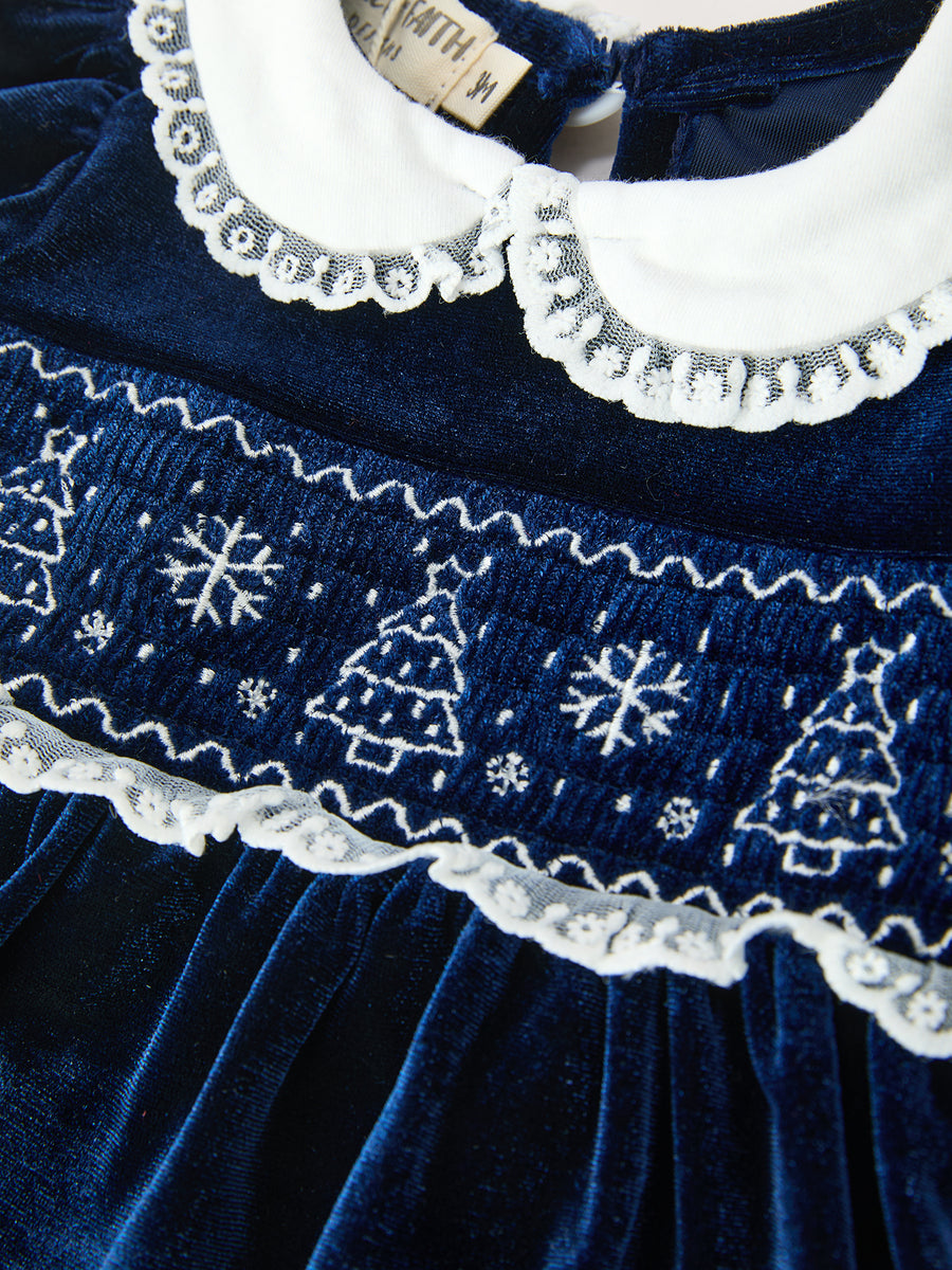 Girls Christmas Navy Velvet Smocked Top And Bloomers Outfit