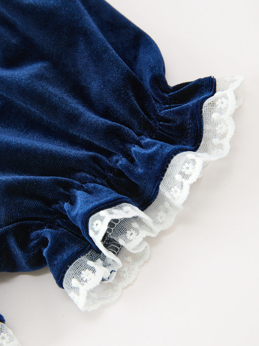 Girls Christmas Navy Velvet Smocked Top And Bloomers Outfit