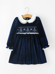 Christmas Tree Girls Navy Velvet Smocked Lace Dress