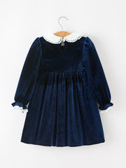Christmas Tree Girls Navy Velvet Smocked Lace Dress