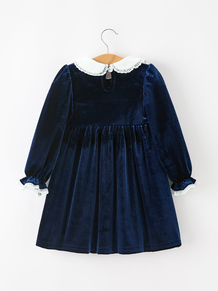 Christmas Tree Girls Navy Velvet Smocked Lace Dress