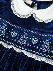 Christmas Tree Girls Navy Velvet Smocked Lace Dress