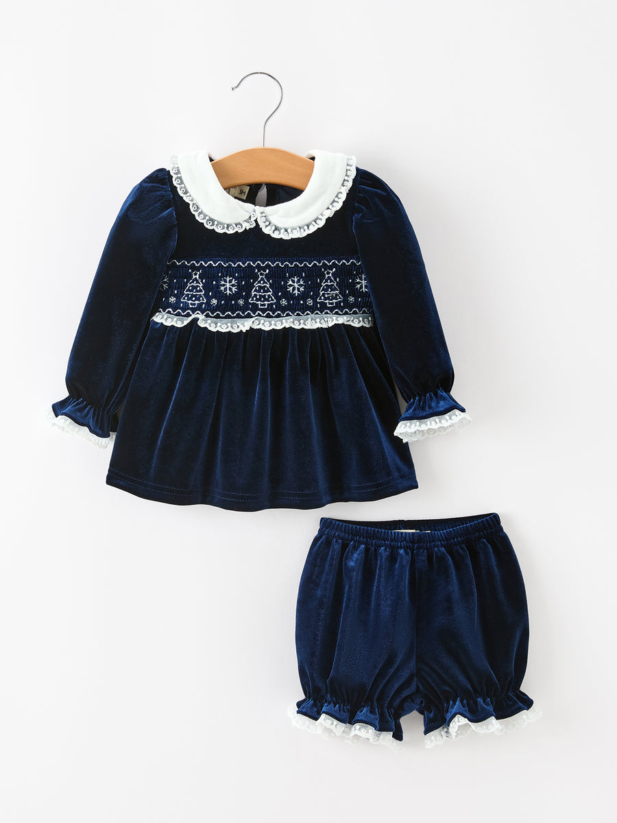 Girls Christmas Navy Velvet Smocked Top And Bloomers Outfit