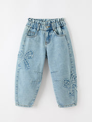 Girls Light Wash Bow Applique Relaxed Denim Jeans
