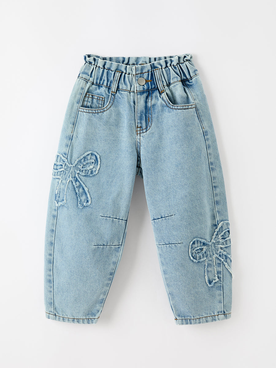 Girls Light Wash Bow Applique Relaxed Denim Jeans