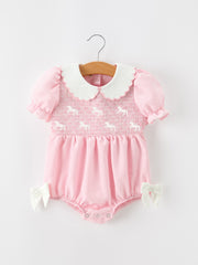 Baby Girls Pink Plaid Horse Smocked Bubble Romper with Bows
