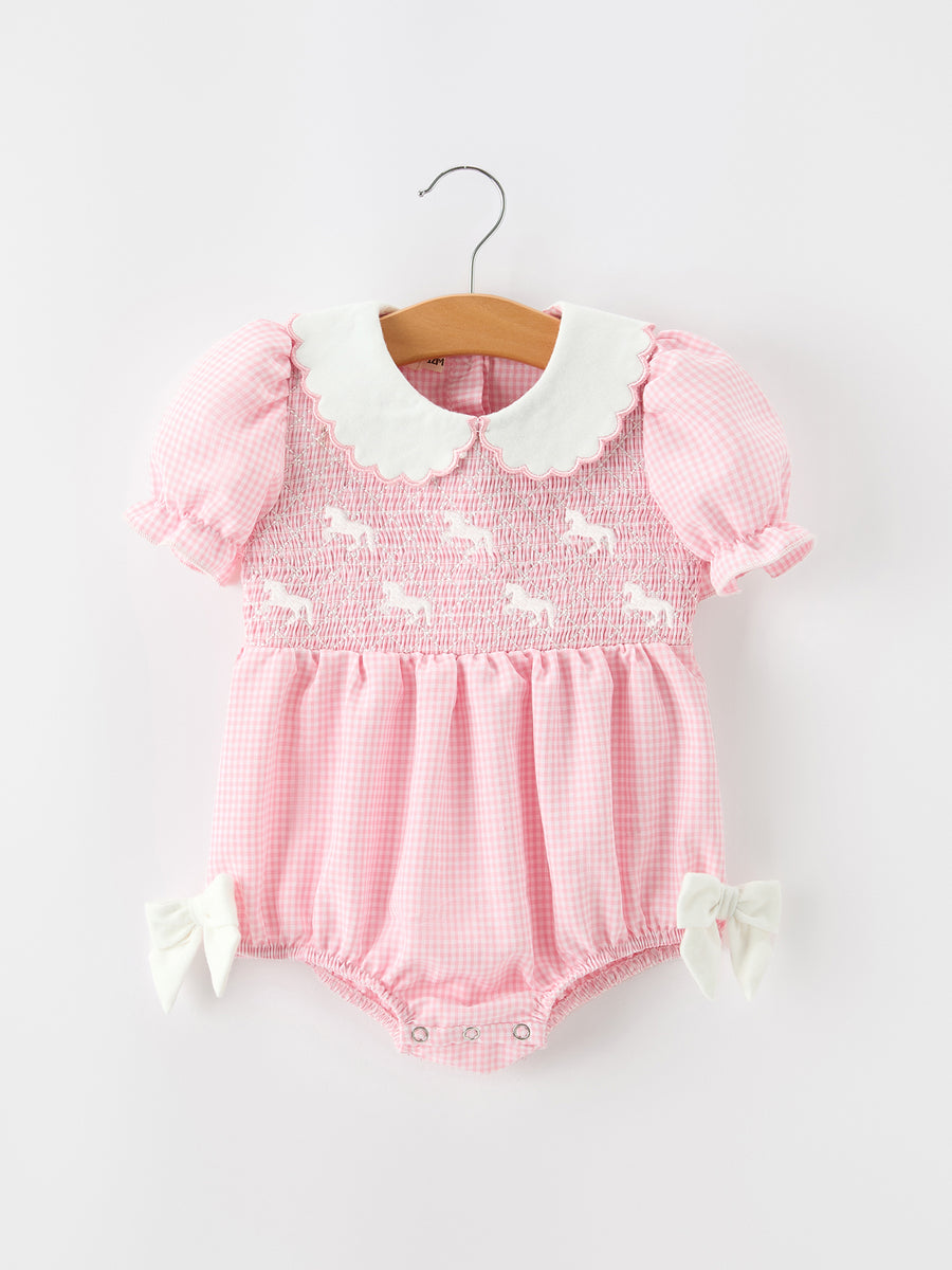Baby Girls Pink Plaid Horse Smocked Bubble Romper with Bows