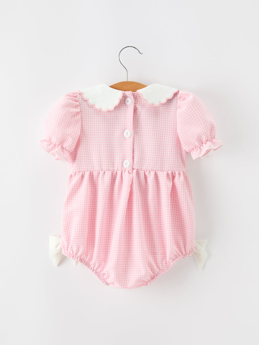 Baby Girls Pink Plaid Horse Smocked Bubble Romper with Bows