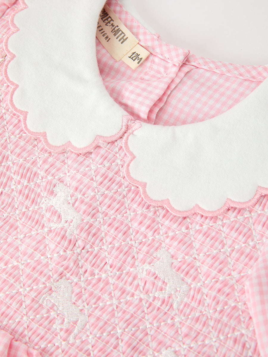Baby Girls Pink Plaid Horse Smocked Bubble Romper with Bows